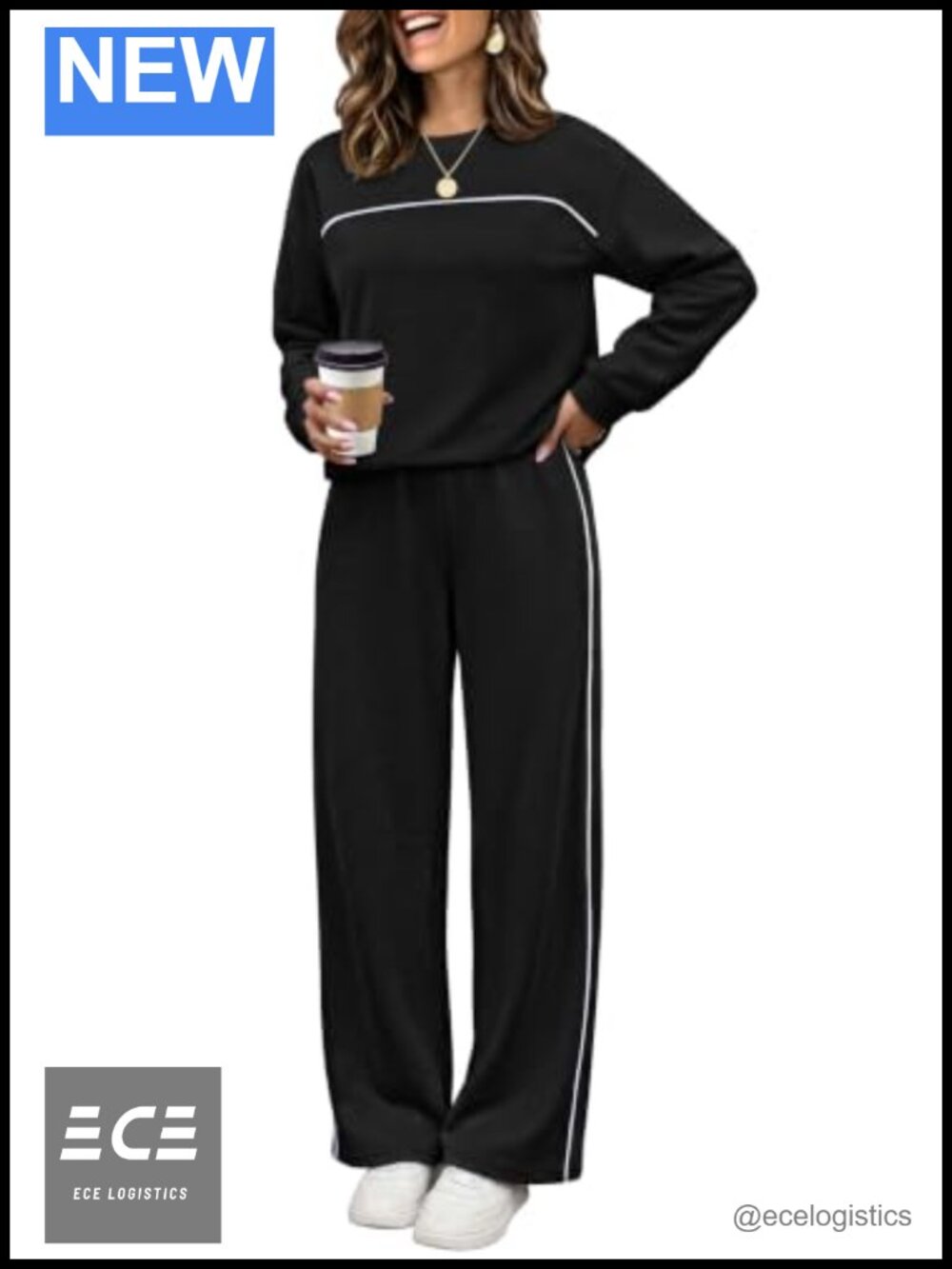 Two Piece Lounge Set Long Sleeve Top Wide Leg Pants Cozy Travel